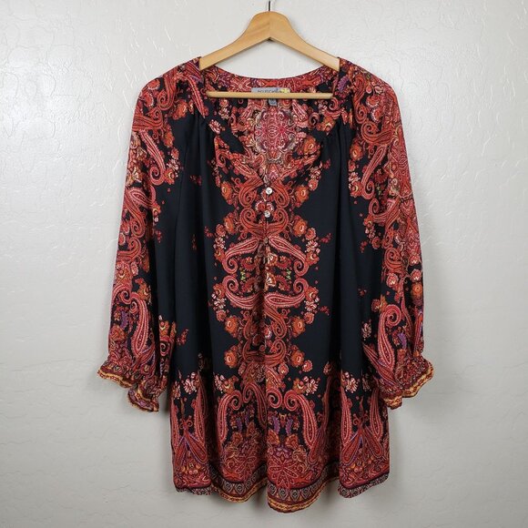 Figueroa & Flower Paisley Floral Bohemian Peasant Blouse Black Multi Women's 1X - Picture 1 of 11